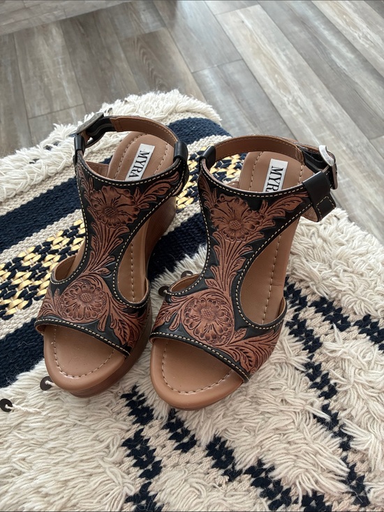 Myra Bag Shoes - Myra Bag Brown and Black Floral-Embossed Wedge Sandals